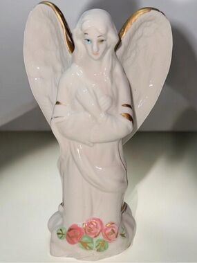 Vintage Porcelain Ceramic 6” Hand Painted Gold Trim Angel Figurine Pink Accents